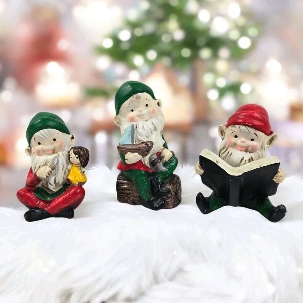 Vtg 80s HOMCO Set Of 3 Christmas Elves Figurine Santa's Helpers Toy Makers #5205